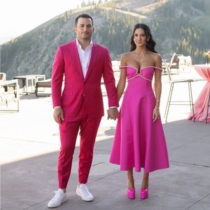 Pink Self Portrait diamanté trim textured midi dress